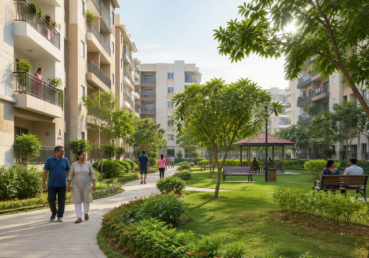 Landscaped residential courtyard between apartment buildings